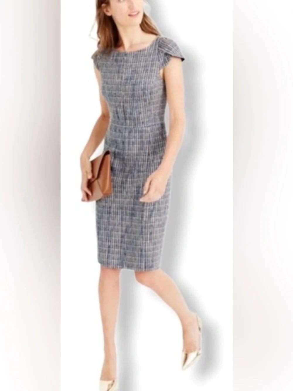 J. Crew Silvermist Blue‎ Tweed Sheath Dress Flutter Sleeve Business Sz 8